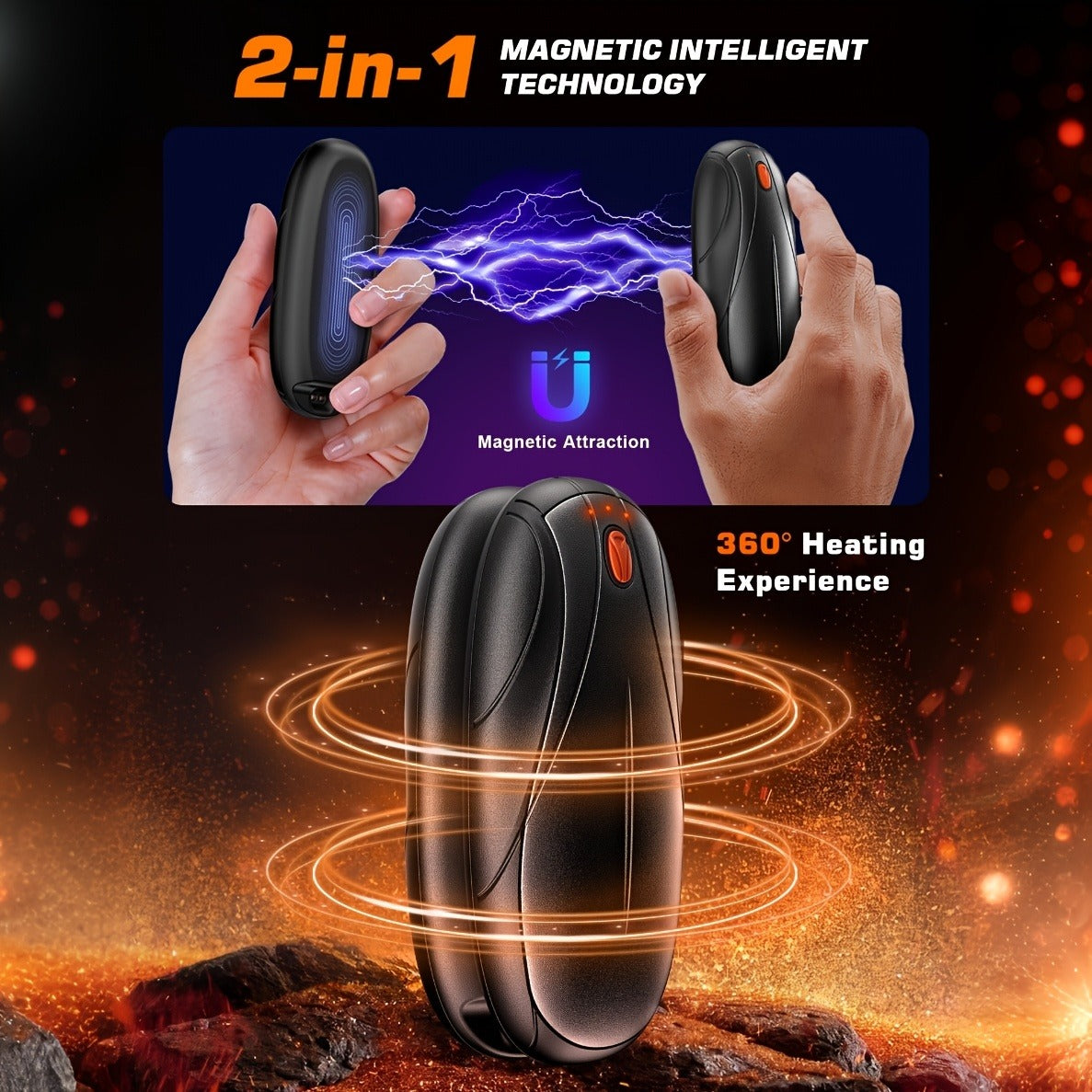 Rechargeable Hand Warmers 2 Pack with Charging Case - Electric Portable Pocket Heater, Quick Charge, Reusable Heat Packs for Winter Outdoor Camping Hunting, Christmas Gift for Men & Women, Black Orange Pink
