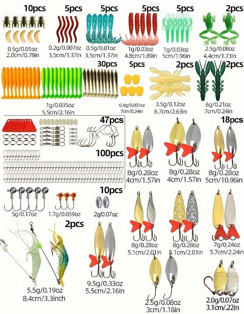 Fishing Lures Kit 361pcs with Tackle Box - Minnow, Spoon, Frog, Soft Worm, Jig Head & Spinner Baits Set for Saltwater & Freshwater Bass, Trout & Pike Fishing