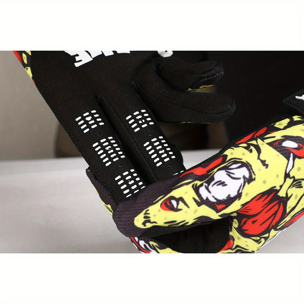 Motocross Gloves Touchscreen Full Finger - Breathable Riding Gloves with Print Design, Adjustable Wrist Closure, Road Racing & Cycling Protection (Blue/Yellow, M-XL)