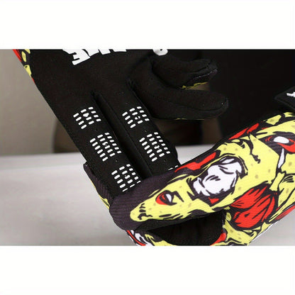 Motocross Gloves Touchscreen Full Finger - Breathable Riding Gloves with Print Design, Adjustable Wrist Closure, Road Racing & Cycling Protection (Blue/Yellow, M-XL)