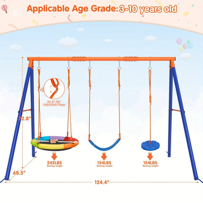 Outdoor Swing Set for Kids 3-in-1 Metal A-Frame 550 lbs Disc Saucer Swing Backyard Playground
