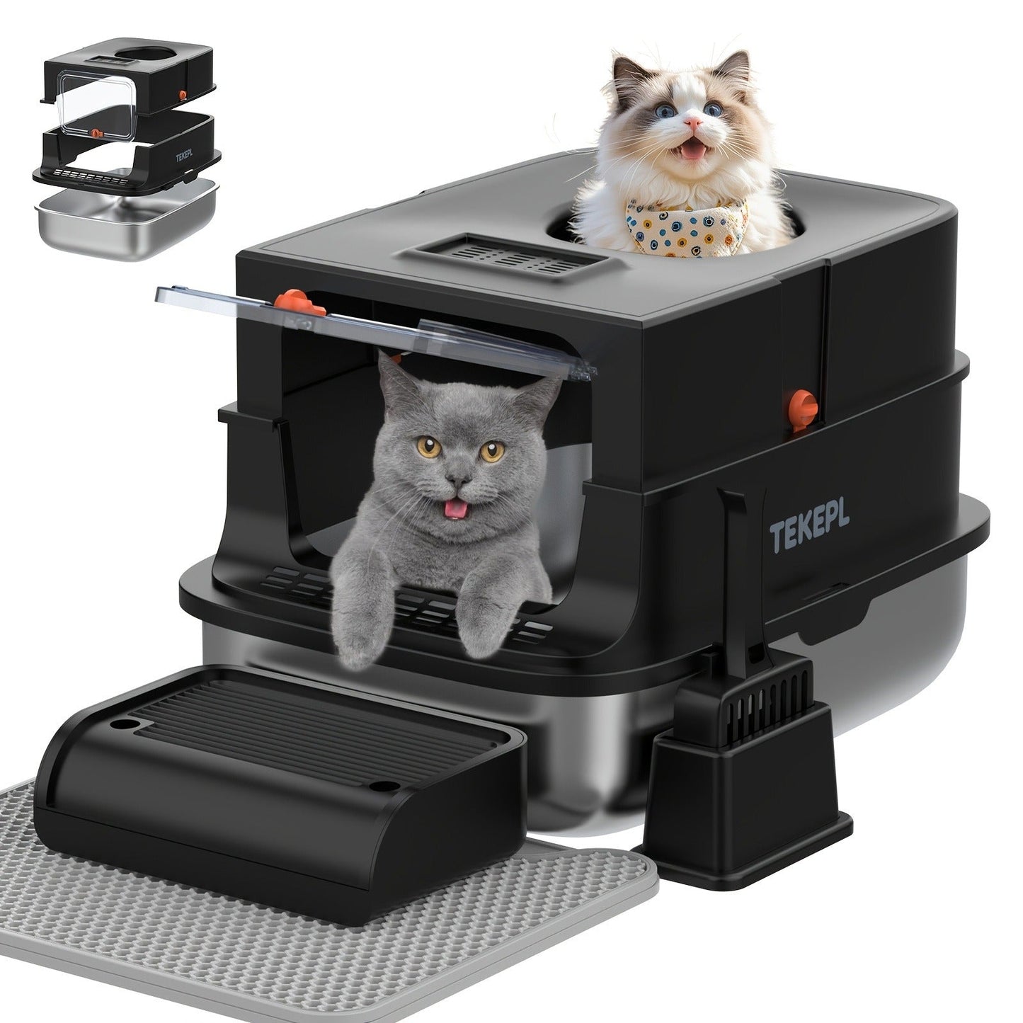 Stainless Steel Cat Litter Box with Lid - Extra Large 68L Enclosed & Semi-Open Modular System, 304 Steel Non-Stick Easy Clean, Charcoal Filter, Litter Mat & Scoop Included, Indoor XL Pet Toilet