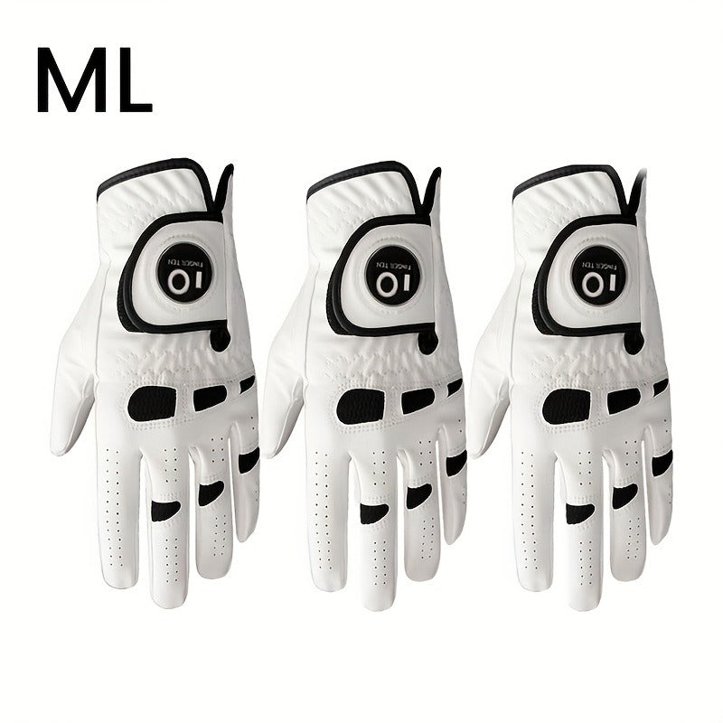 Men's Golf Glove Left Hand 3 Pack with Ball Marker – WeatherSof Soft Grip Cabretta-Style Golf Gloves for Men, Buckle Closure, All-Weather Performance, Sizes S to XXL (White)