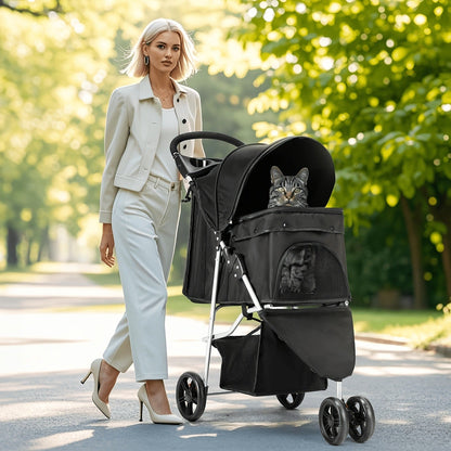 3-Wheel Pet Stroller for Small & Medium Dogs Cats - Foldable Jogger Stroller with Weather Cover, Storage Basket & Cup Holder, Breathable Mesh Window, All-Season Outdoor Walk Pram, Black