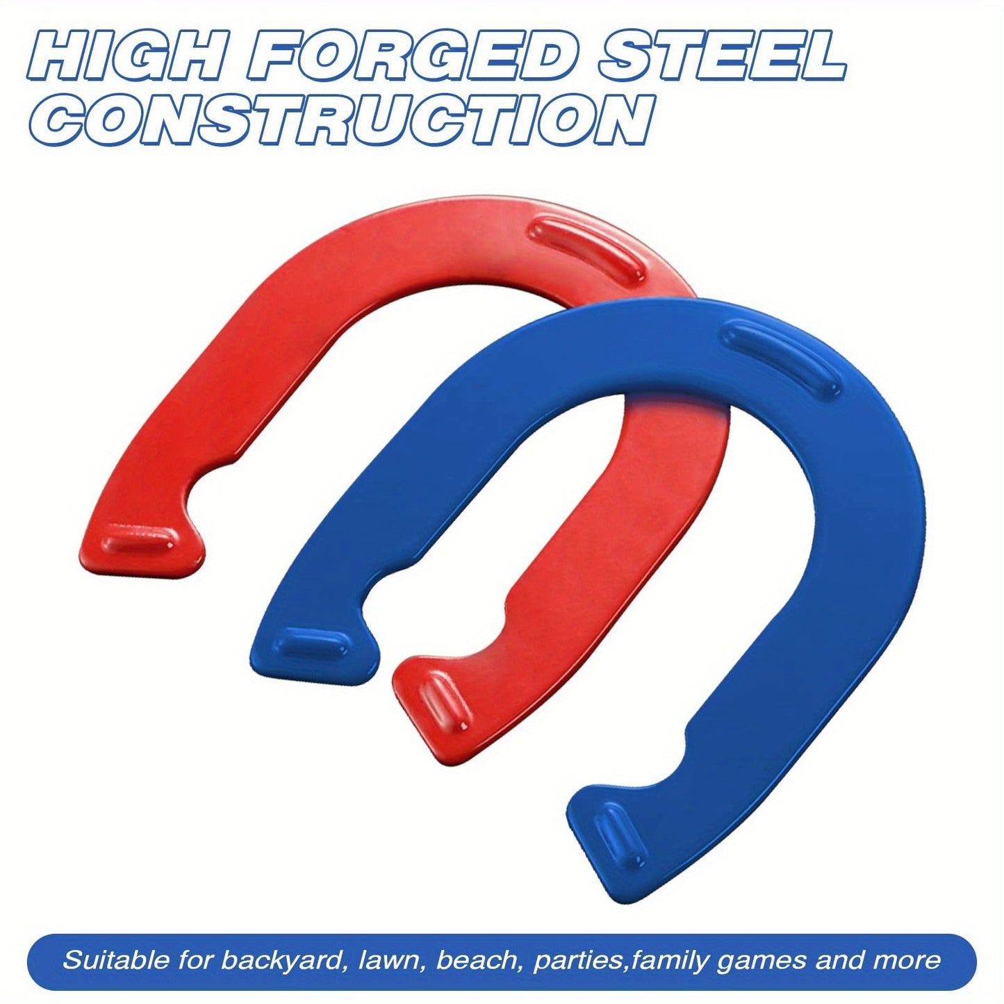 Horseshoes Game Set Heavy Duty – 4 Forged Steel Horse Shoes & 2 Stakes, 1.2lb Each, Red & Blue – Outdoor Lawn Game for Adults & Family, Backyard, Beach & Party