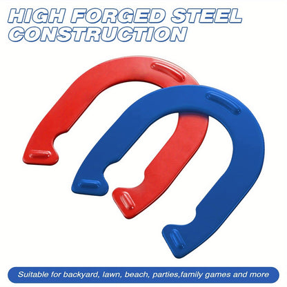 Horseshoes Game Set Heavy Duty – 4 Forged Steel Horse Shoes & 2 Stakes, 1.2lb Each, Red & Blue – Outdoor Lawn Game for Adults & Family, Backyard, Beach & Party