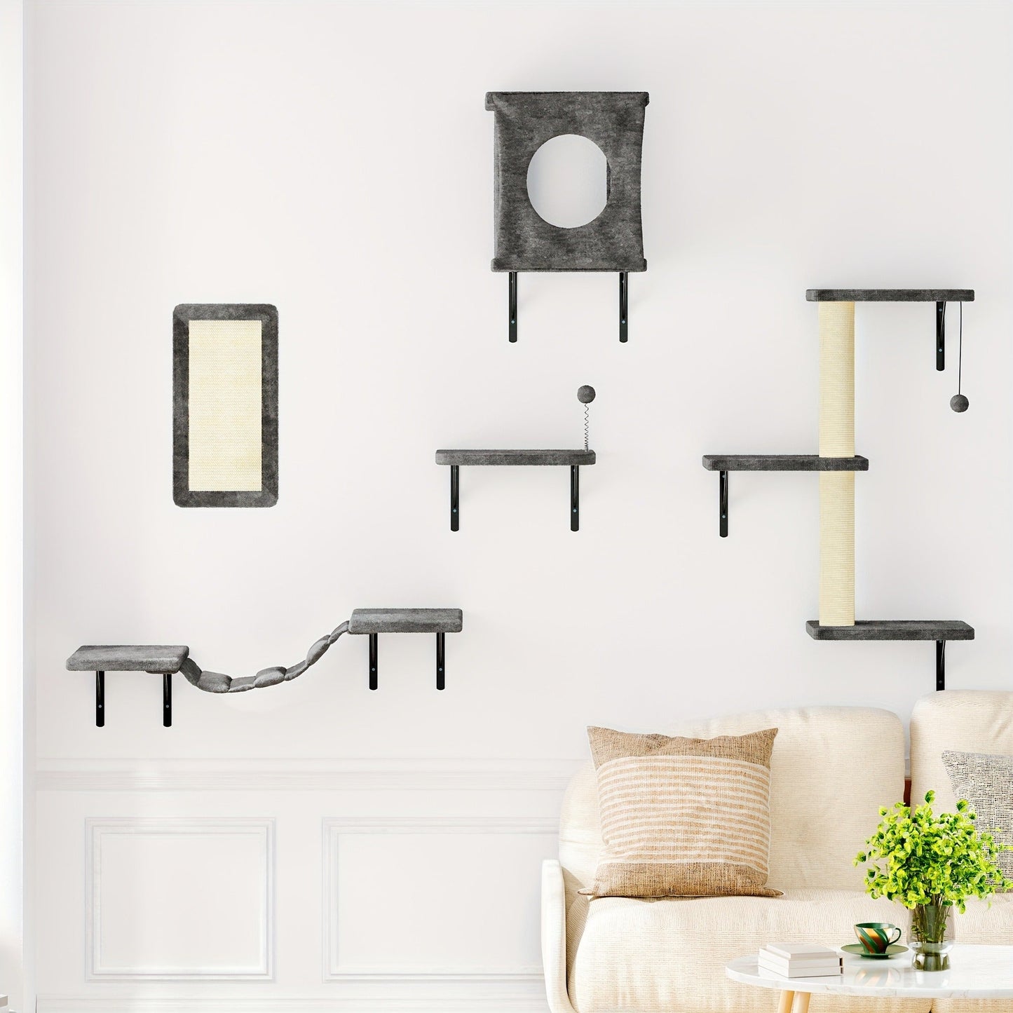 Cat Wall Shelves 5-Piece Set - Wall-Mounted Cat Furniture with Floating Perch, Cat Climber, Bridge & Cat Bed, Modern Cat Tree Alternative for Indoor Cats, Black / Grey / Beige