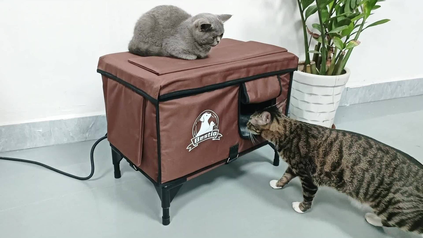 Heated Cat House 3-in-1 with Removable Warming Pad, Elevated Cat Bed for Indoor & Outdoor Cats, Chew-Resistant Cord, Double Door Cat Cave, All-Season Cat Shelter & Condo