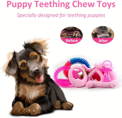 Puppy Teething Chew Toys Pink Bundle 5 or 8 Pack Soft Dog Toothbrush Toy & Interactive Chew Balls for Small Dogs - Cute Puppy Toy Set for Teething Relief & Dental Care