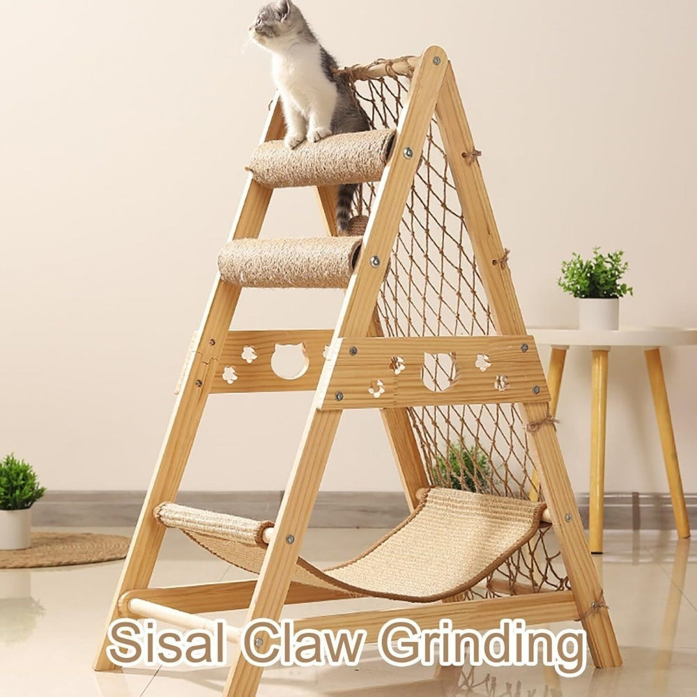 Cat Tree Triangle Cat Tower with Sisal Scratching Posts, Soft Hammock Bed & Hanging Feather Toys – Bamboo Stable Cat Climbing Tower for Indoor Cats, Kittens & Small Cats, Space-Saving Design
