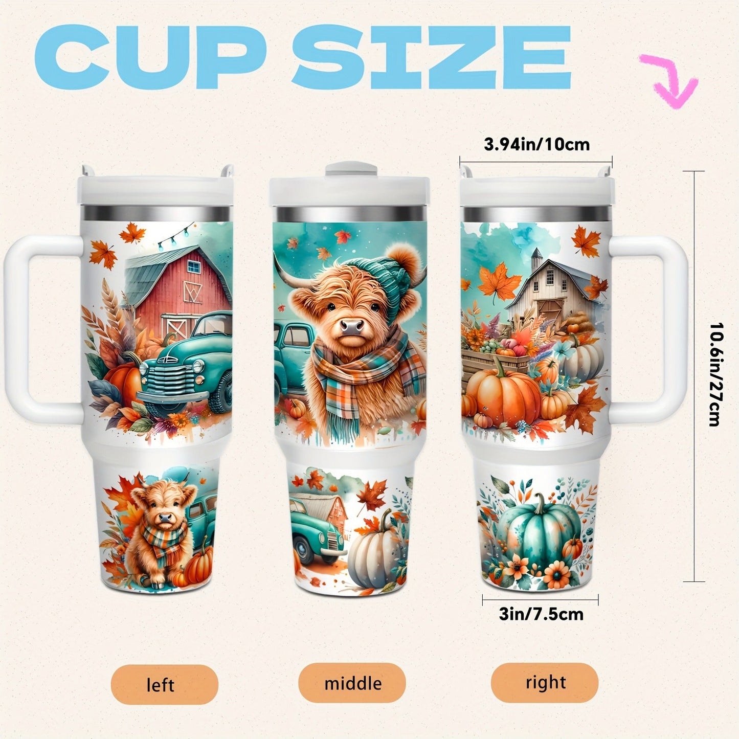 Stainless Steel Insulated Tumbler With Lid and Straw, 40oz & 16oz Highland Cow Thanksgiving Water Bottle With Handle, Keeps Cold 24 Hours Hot 12 Hours, Portable Travel Cup for Car Home Office Birthday Gift