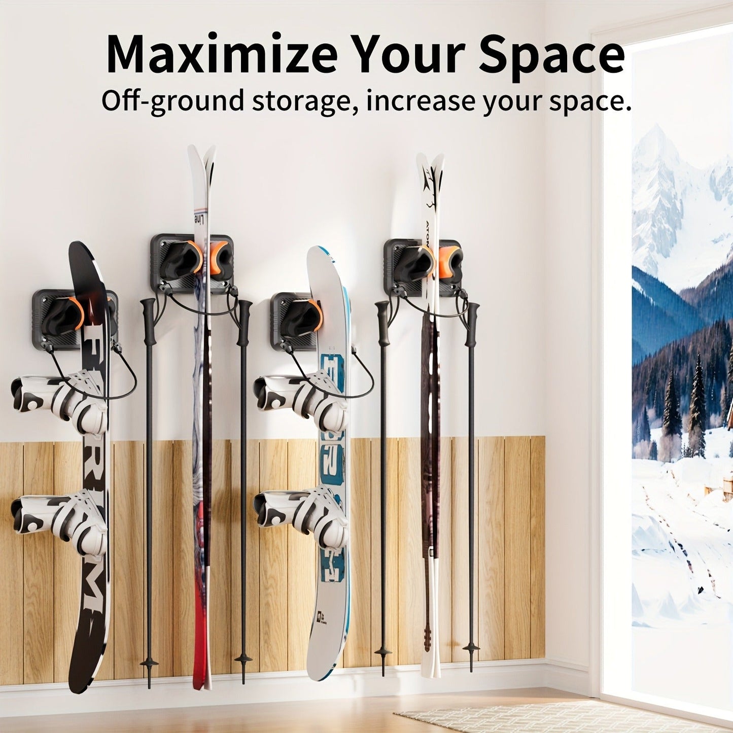 Wall-Mounted Ski & Sports Equipment Storage Rack – Heavy Duty Garage Organizer Hook Set, Holds Up to 100 lbs, Space-Saving Wall Mount for Skis, Poles, Tools & Household Items, Home & Garage Use, 4-Pack