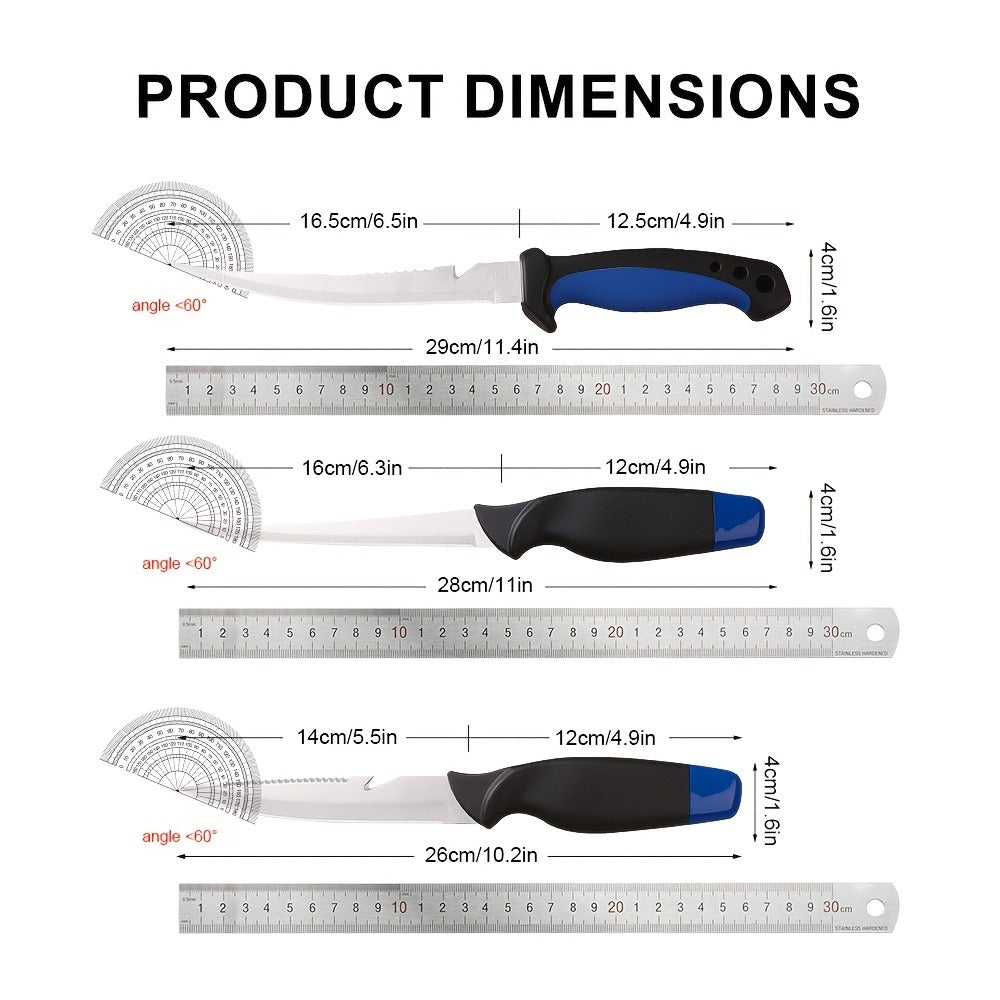 Fishing Knife Set 3-Piece Stainless Steel Fillet Boning Knife with Cut Resistant Gloves Fishing Line Cutter Stretch Rope for Fishing Camping Carving