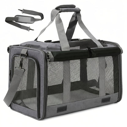 Airline Approved Pet Carrier Soft Sided Collapsible for Cats & Small Dogs - Breathable Oxford Cloth Travel Bag with Zipper Closure, Privacy Cover & Combo Set with Collar Leash Harness, Blue Pink Grey Green Beige