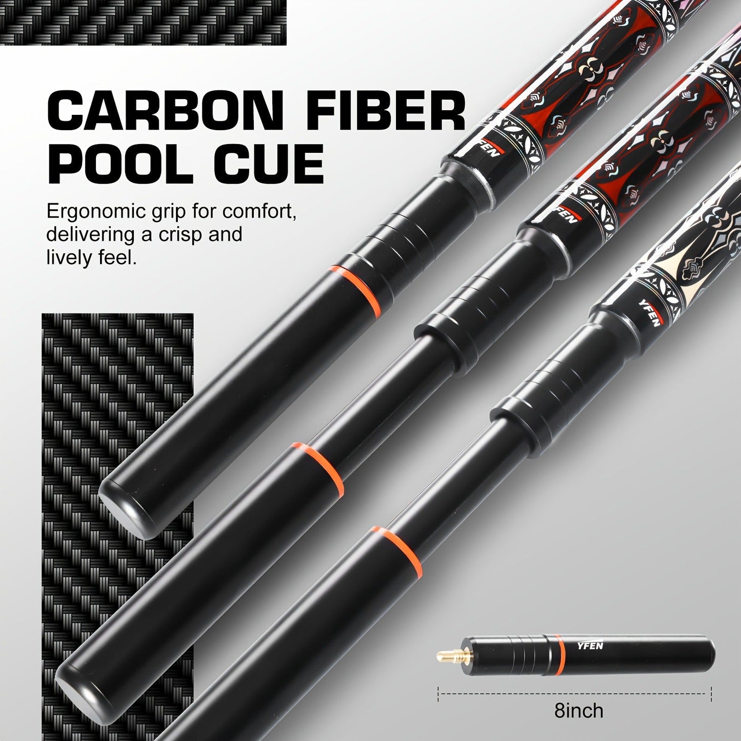 Carbon Fiber Pool Cue Stick Low Deflection Billiard Cue with 11.8mm 12.5mm Tip Pro-Taper Shaft Canadian Maple Butt Extension Compatible Professional Pool Cues for Competitive Play and Tournament Use