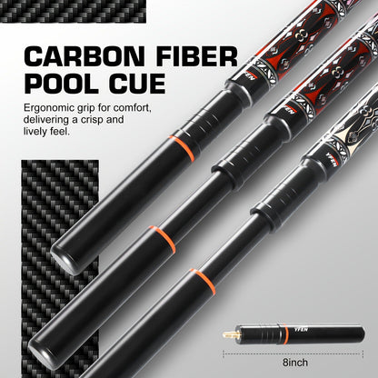 Carbon Fiber Pool Cue Stick Low Deflection Billiard Cue with 11.8mm 12.5mm Tip Pro-Taper Shaft Canadian Maple Butt Extension Compatible Professional Pool Cues for Competitive Play and Tournament Use