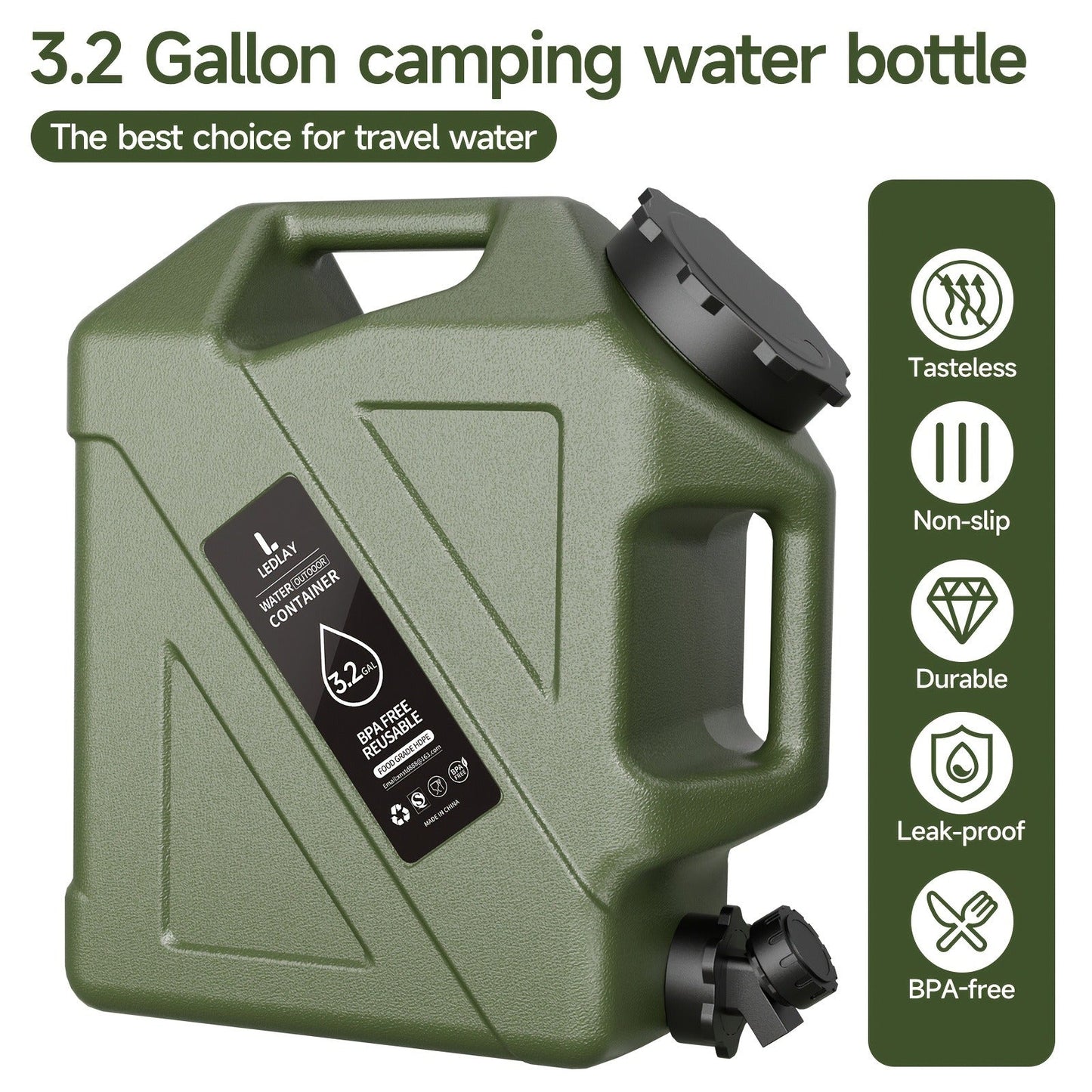 Collapsible Camping Water Storage Bucket 3.2 Gal Portable Water Tank with Faucet Dispenser Army Green Outdoor Emergency Water Container for Hiking Car Camping Festival