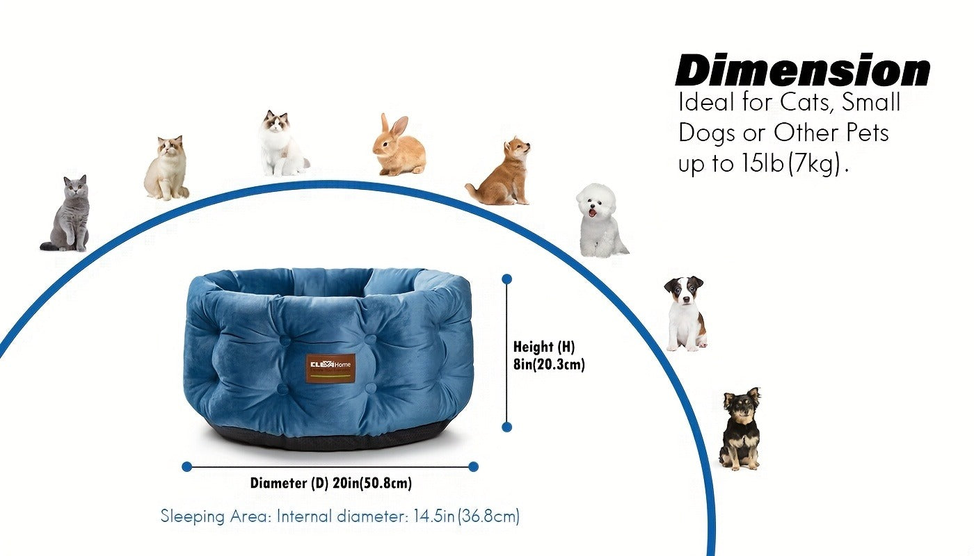 Cat Bed Round Deep Nest for Indoor Cats up to 15lbs, Luxurious Velvet Feel Extra High Sides, Machine Washable Non-Slip Bottom, Cozy Donut Cat Bed 20x20 in Steel Blue & Warm Beige