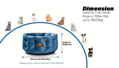 Cat Bed Round Deep Nest for Indoor Cats up to 15lbs, Luxurious Velvet Feel Extra High Sides, Machine Washable Non-Slip Bottom, Cozy Donut Cat Bed 20x20 in Steel Blue & Warm Beige