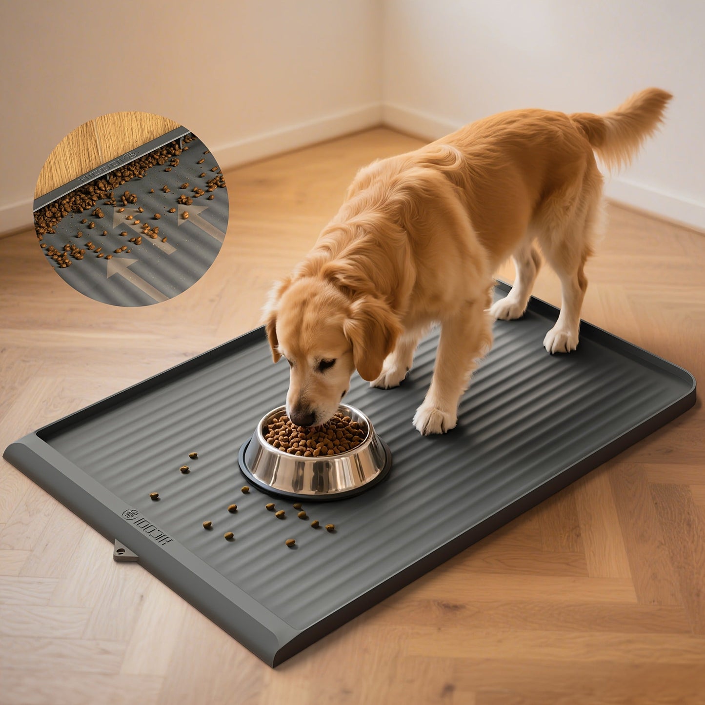 Waterproof Pet Feeding Mat 36"x24" Non-Slip Dog Bowl Mat with Raised Edges & Diversion Grooves - Large Food and Water Mat for Dogs & Cats, Easy-Clean Floor Protector, Grey