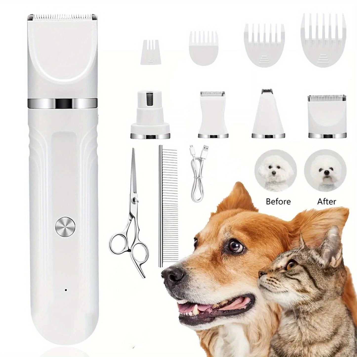 Pet Hair Clipper 4-in-1 Cordless Grooming Kit with Nail Trimmer Limit Combs USB Rechargeable for Dogs Cats Small Animals Thick Coat