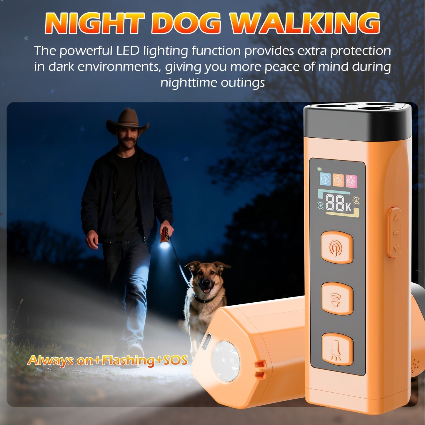 65ft Long-Range Dog Repeller - Triple-Head Ultrasonic Bark Deterrent, Powerful Soundwave Technology, USB Rechargeable Portable Handheld Anti-Barking Device, Dog Behavior Training Tool, Orange