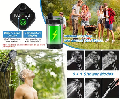 Camping Shower Portable with Smart Digital Temperature Display, 6000mAh USB Rechargeable Battery, 6 Spray Modes for Outdoor Hiking Pet Washing Car Beach