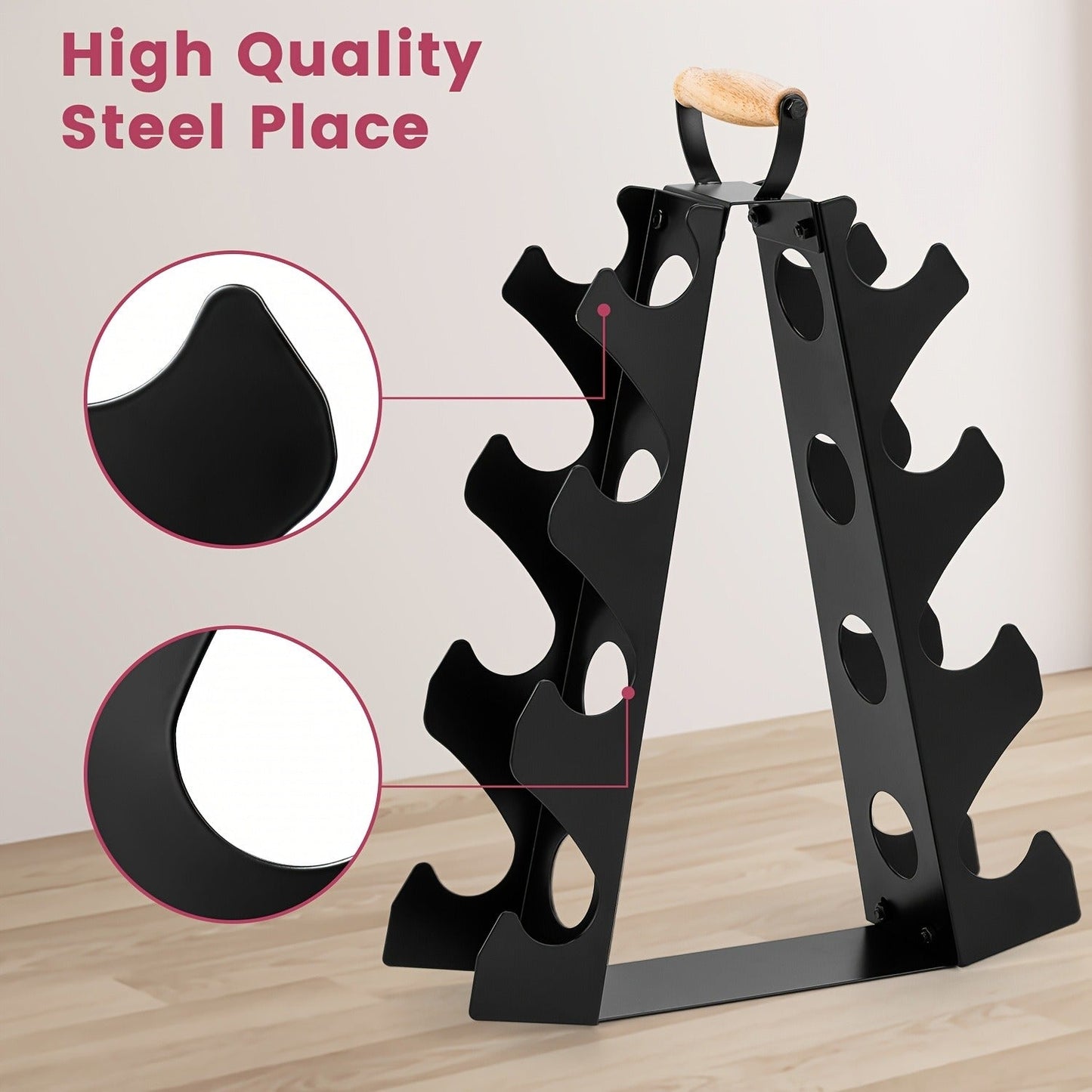 Weight Rack Stand 4-Tier A-Frame with Wooden Handle – Space-Saving Dumbbell Storage for Home Gym, Holds 5–15LB Hex & Rubber Dumbbells, Easy Assembly