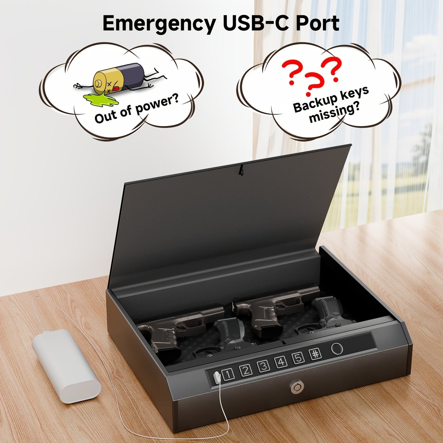 Biometric Gun Safe Fingerprint Digital PIN & Key Unlock 3-Way Access Internal Light Silent Mode Emergency Power Supply Gun Lock Box for Home Bedroom Nightstand Car