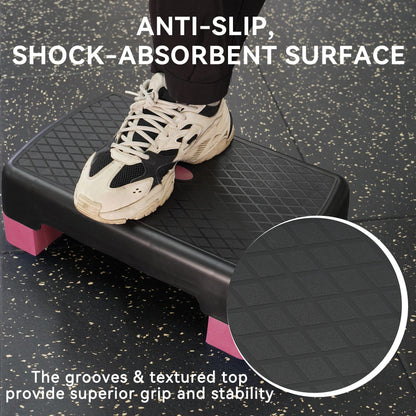 Aerobic Step Platform Adjustable Height with 2 Risers – Non-Slip Workout Stepper 18"x11", 440 LB Capacity, Space-Saving Design for Home Gym Cardio, Strength & Toning, 4 Color Options