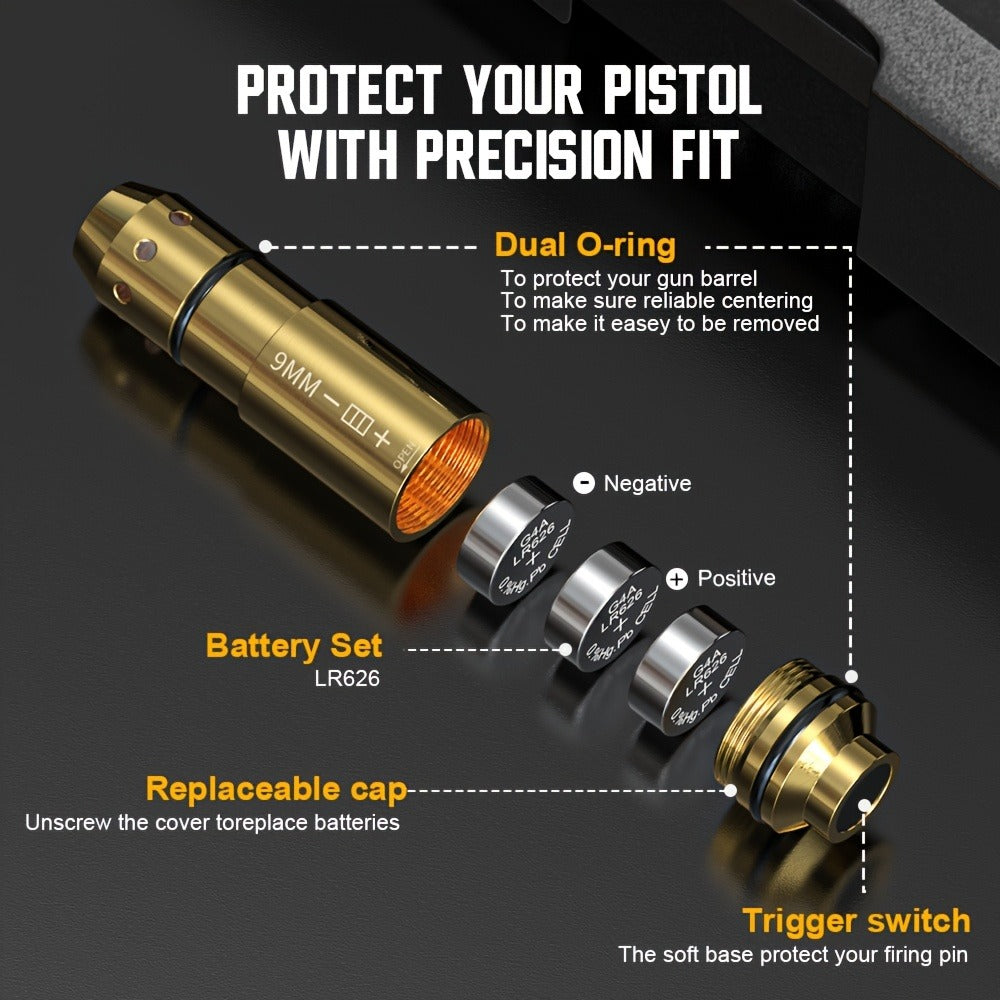 Dry Fire Laser Training Cartridge Multi-Caliber – 9mm 45ACP 223Rem 380ACP 357Sig 308Win 12GA 40Cal 6.5mm 7.62x39 | H59 Brass | Class IIIA Red Laser | Aperture Aiming | Batteries Included