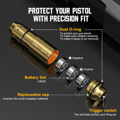 Dry Fire Laser Training Cartridge Multi-Caliber – 9mm 45ACP 223Rem 380ACP 357Sig 308Win 12GA 40Cal 6.5mm 7.62x39 | H59 Brass | Class IIIA Red Laser | Aperture Aiming | Batteries Included