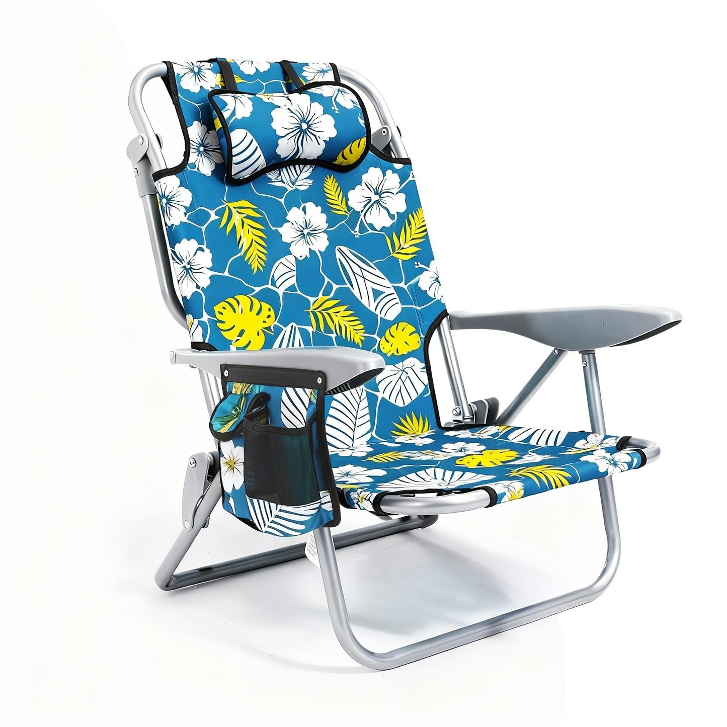 Folding Beach Chair Lay Flat Camping Chair for Adults 4 Position Adjustable Backpack Chair with Cup Holder Towel Bar Cooler Pouch Lightweight Portable Outdoor Lounge Chair