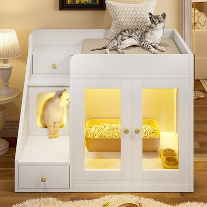 Cat Litter Box Enclosure Furniture Hidden Cabinet with LED Light & 2 Drawers – MDF Indoor Cat House Side Table with Acrylic Door, Stair Steps & 110 lb Capacity, Gray White Black