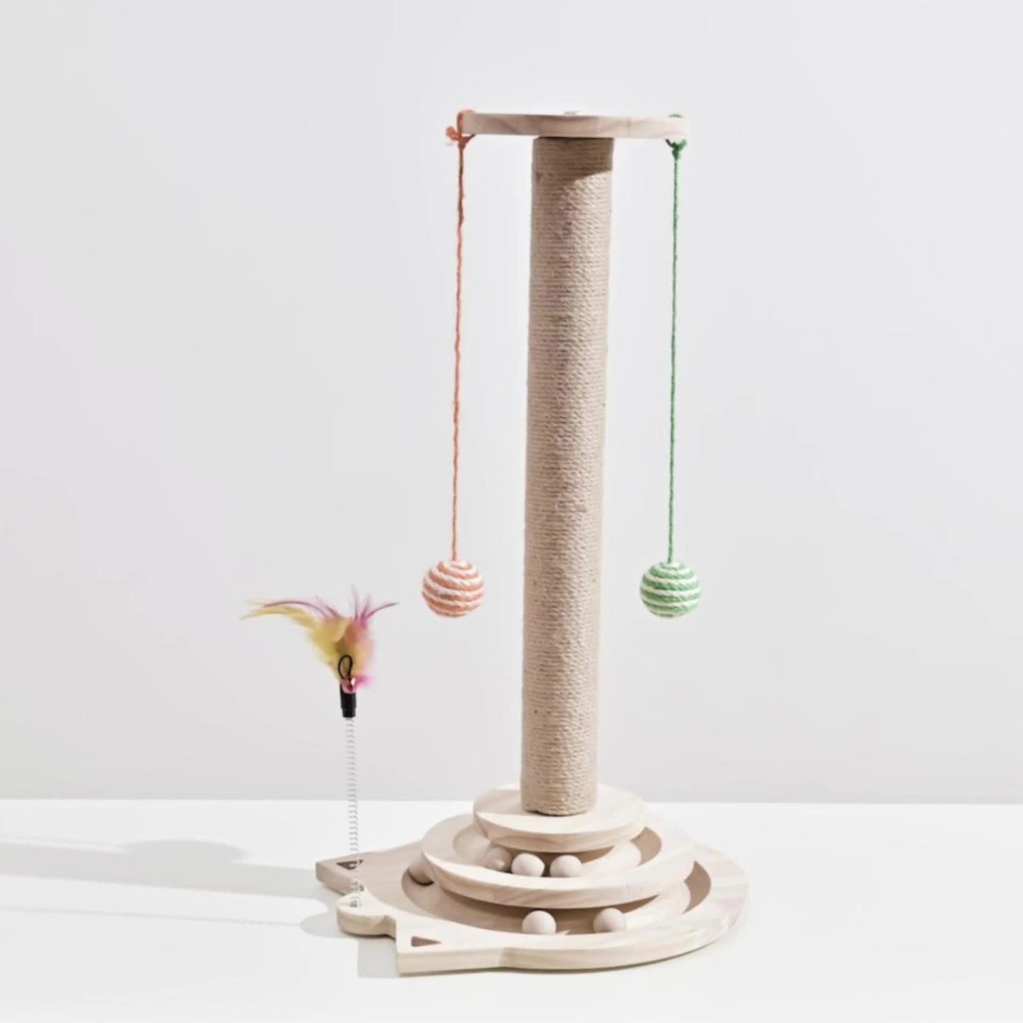 Multi-Level Sisal Cat Scratching Post 4-in-1 with 6 Wooden Balls 2 Hanging Balls & 2 Feather Teaser Toys - Premium Thickened Sisal Anti-Slip Base for Indoor Cats M L XL + Replacement Pillars