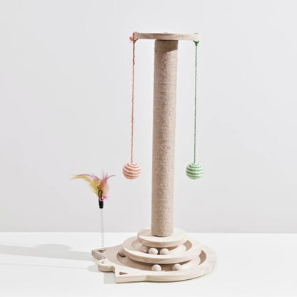 Multi-Level Sisal Cat Scratching Post 4-in-1 with 6 Wooden Balls 2 Hanging Balls & 2 Feather Teaser Toys - Premium Thickened Sisal Anti-Slip Base for Indoor Cats M L XL + Replacement Pillars