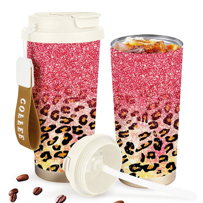 Insulated Stainless Steel Tumbler 18oz - Pink Glitter & Golden Leopard Print, Leak-Proof Foldable Straw Lid, Keep Hot 12H Cold 24H, Trendy Travel Coffee Cup Gift for Women