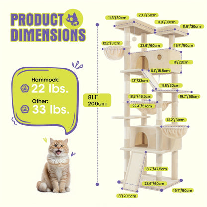 Cat Tree Tower Multi-Level for Indoor Cats - Cat Furniture with Sisal Scratching Posts, Plush Perches, Hammock, Basket & Corner Condo Cave, Hanging Toys & Climbing Ramp, Multiple Sizes & Colors