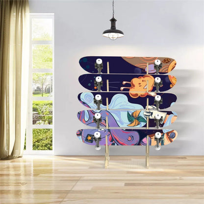 Skateboard Storage Rack 5-Layer Freestanding Wood Display Stand – Holds Longboards, Snowboards & Decks, 75° Angled Shelf with Non-Slip Base, DIY Paintable Pine Wood, Bedroom & Garage Organizer