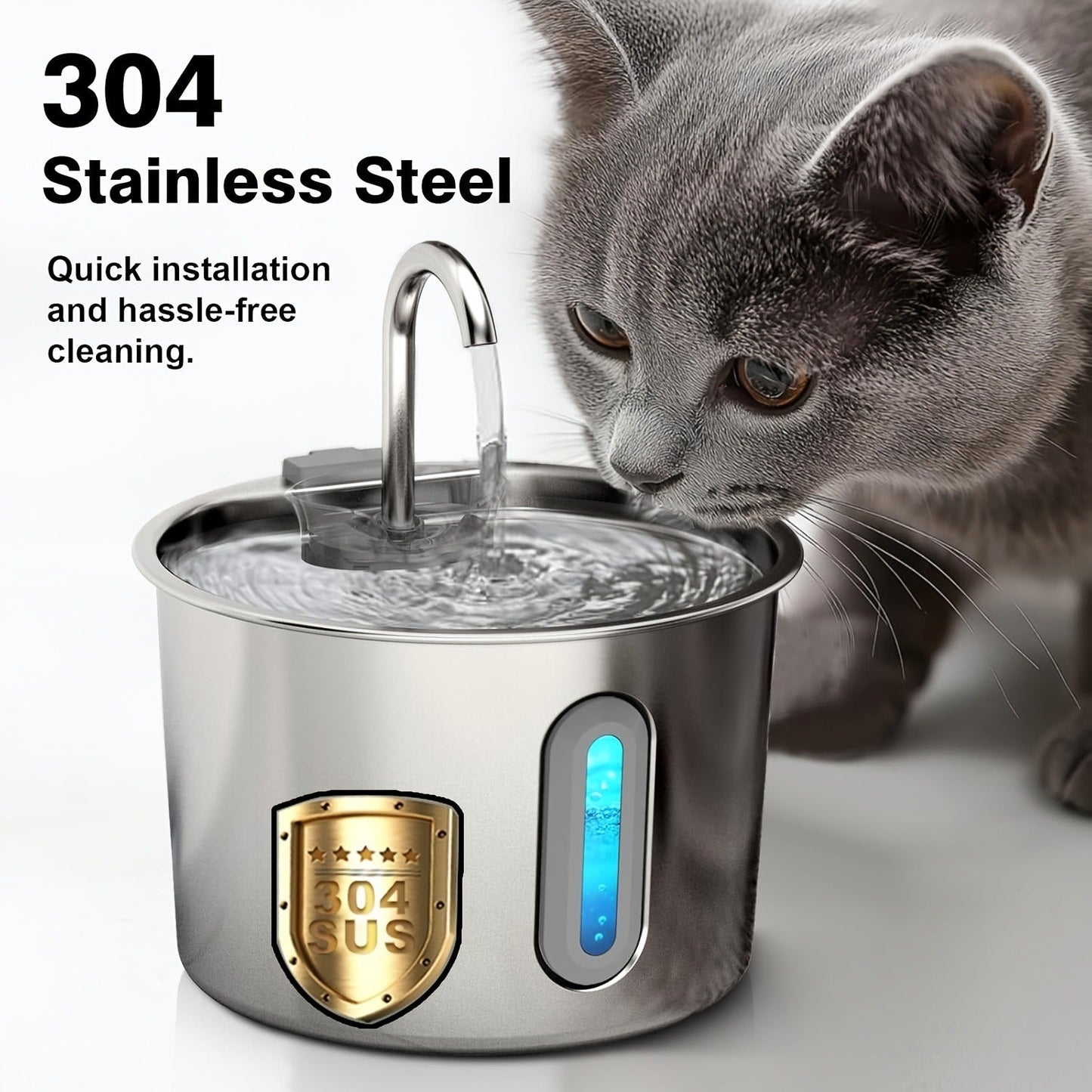 Stainless Steel Cat Water Fountain 74oz - 304 Food-Grade Steel, Ultra-Quiet USB Pump, 3-Stage Filtration, Visible Water Level Window, Auto Circulation for Cats & Small Dogs