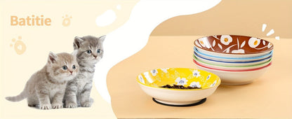 Ceramic Cat Bowls Set of 6 – Shallow Wide Cat Food Plate Whisker Friendly with Non-Slip Mat, Fairy Tales Colorful Design, 5.75" Microwave & Dishwasher Safe Cat Dish 8.5oz