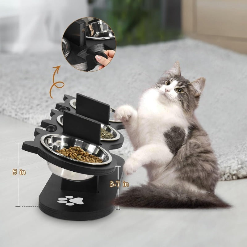 Elevated Cat Bowl Stand with Tilted Stainless Steel Bowls - Adjustable Raised Feeder, Anti-Spill, Black Wood Base for Cats & Small Dogs