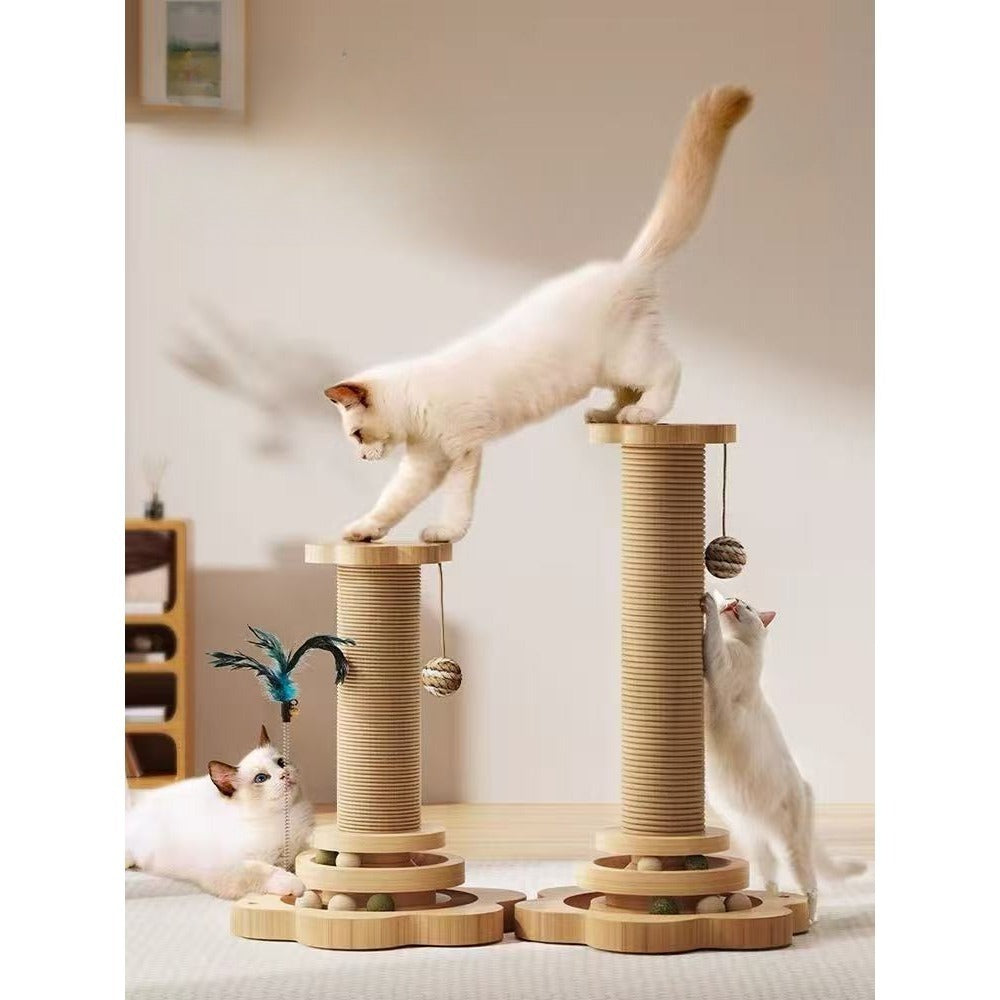 Sisal Cat Scratching Post with Hanging Ball & Turntable Interactive Toy 18.1 Inch - Sturdy Non-Slip Base Suction Cup Bottom for Kittens & Adult Cats, Furniture Protector Scratcher