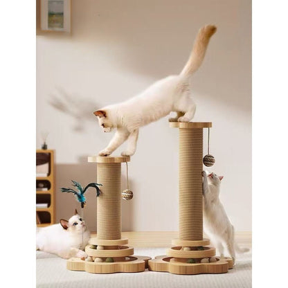 Sisal Cat Scratching Post with Hanging Ball & Turntable Interactive Toy 18.1 Inch - Sturdy Non-Slip Base Suction Cup Bottom for Kittens & Adult Cats, Furniture Protector Scratcher