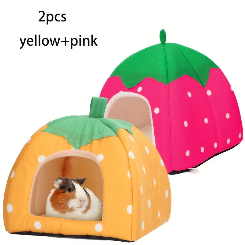 Small Animal Hideaway Bed 2pcs – Strawberry Plush Hideout for Guinea Pigs, Hamsters & Rabbits, Semi-Enclosed Warm Nest with Leaf Design, Washable, Multiple Color Options