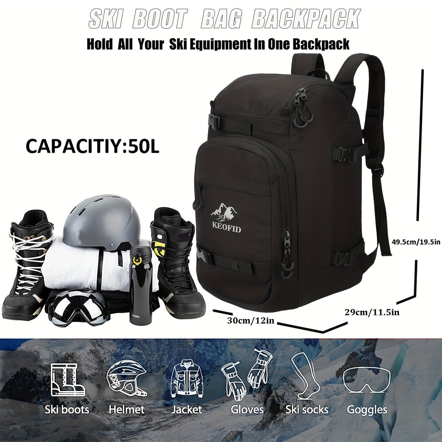 Ski Boot Bag Snowboard Backpack 40-50L Large Capacity Snow Gear Bag for Skiing Helmet Goggles Gloves Snowboard Accessories Winter Sports Equipment Bag Black