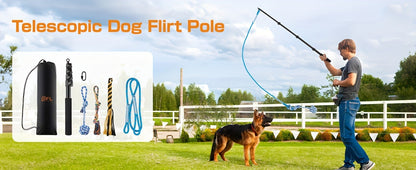 Dog Flirt Pole Telescopic - Extendable Flirt Stick with 3 Detachable Toys & Nylon Rope, Aluminum Alloy Dog Chase Toy for Small Medium Large Dogs, Agility Training Exercise & Interactive Play Tool