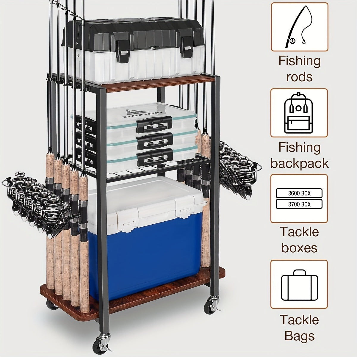 Rotating Fishing Rod Holder Rack Holds 10 Rods Tackle Storage Cart for Garage Floor Standing Pole Organizer Fishing Gear Storage for Men