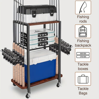 Rotating Fishing Rod Holder Rack Holds 10 Rods Tackle Storage Cart for Garage Floor Standing Pole Organizer Fishing Gear Storage for Men