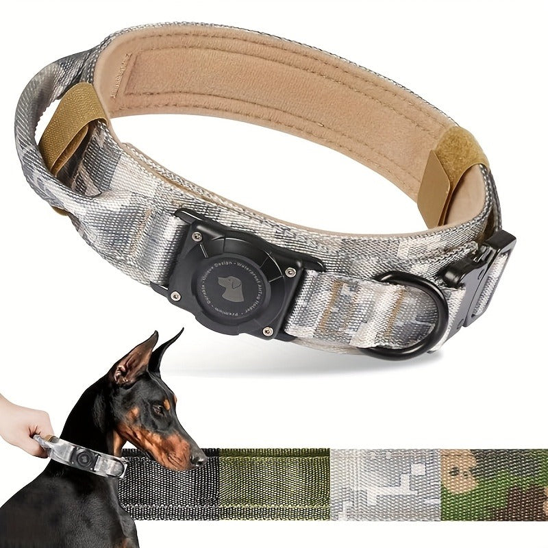 Tactical Dog Collar with AirTag Holder and Handle Adjustable Heavy Duty PC Case GPS Tracking Compatible for Medium Large Dogs M L XL 9 Colors No AirTag